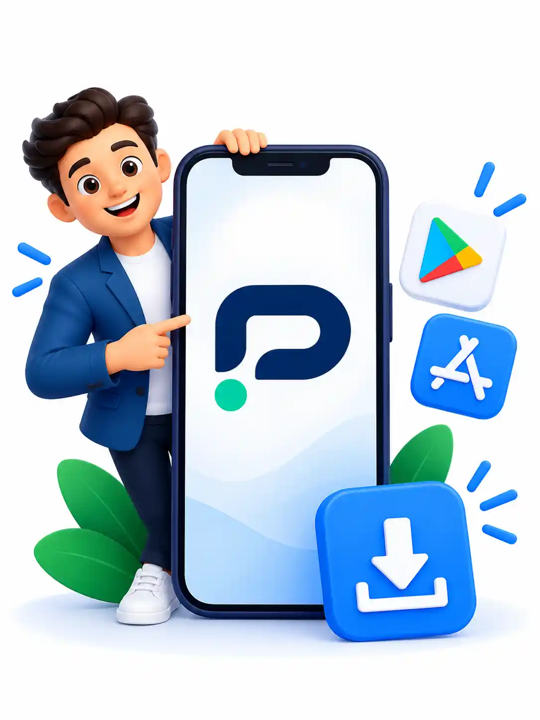 A guide pointing to the Parichay app on a phone, next to the App Store and Google Play icons